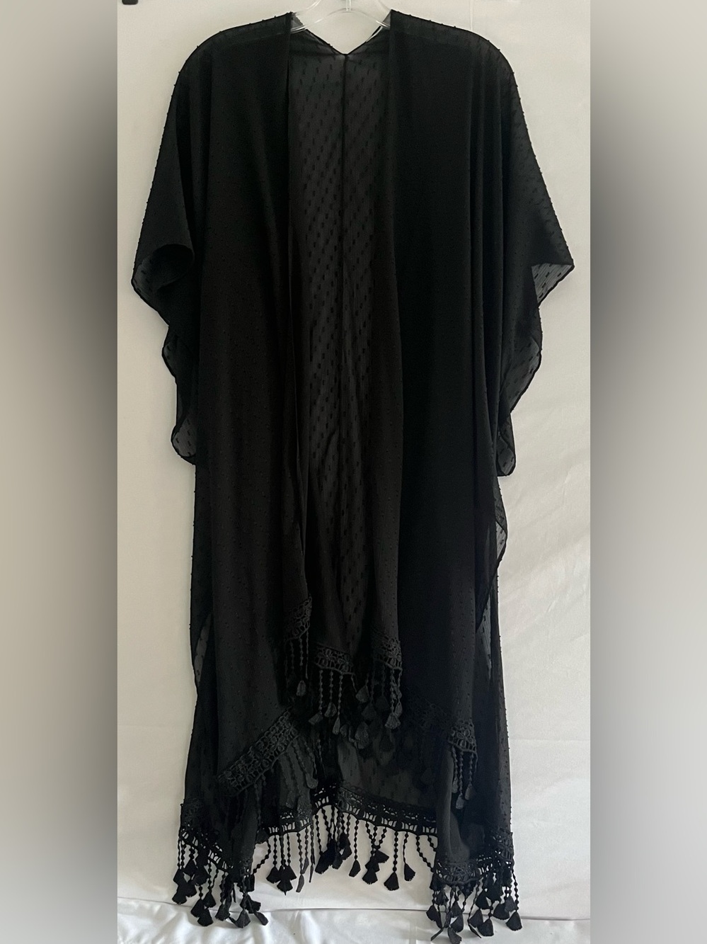 Swiss Dot Chiffon Maxi Kimono duster w/ Boho Fringe Tassels